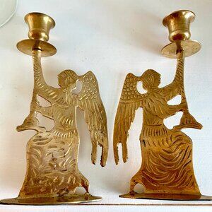 Vintage Pair Ornate Taper Solid Brass Angel Candlestick Holders 7.5" tall